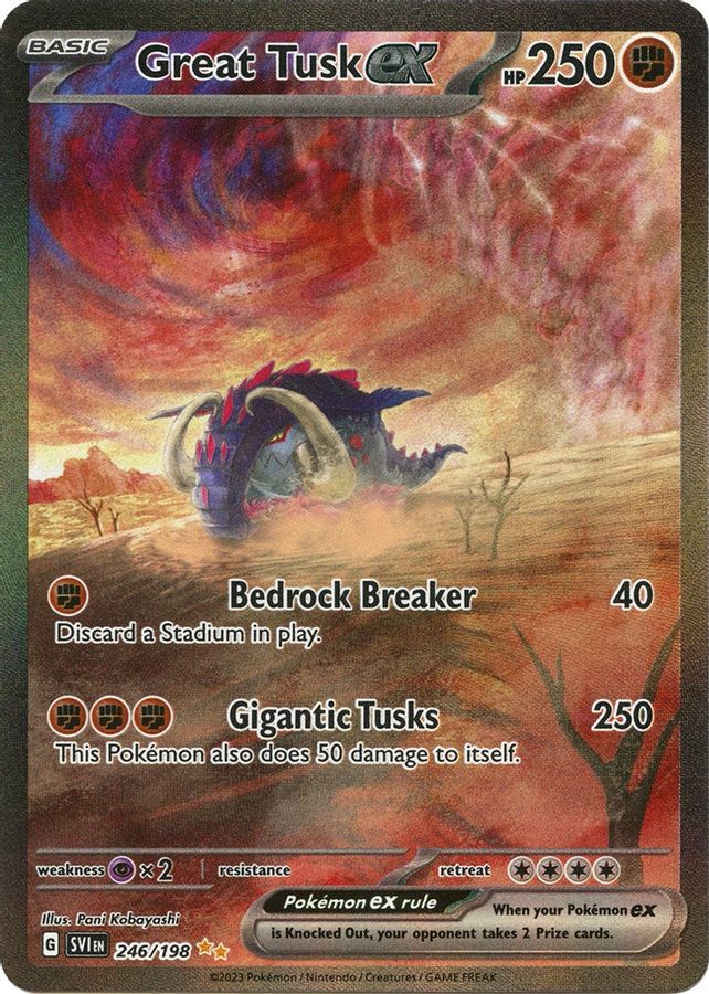 Buy Pokemon cards Australia - Great Tusk EX 246/198 - Premium Raw Card from Monster Mart - Pokémon Card Emporium - Shop now at Monster Mart - Pokémon Cards Australia. EX, Scarlet & Violet, Scarlet & Violet Base Set, Special Illustration Rare