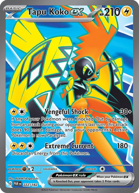 Buy Pokemon cards Australia - Tapu Koko EX 222/182 - Premium Raw Card from Monster Mart - Pokémon Card Emporium - Shop now at Monster Mart - Pokémon Cards Australia. Paradox Rift, Ultra Rare
