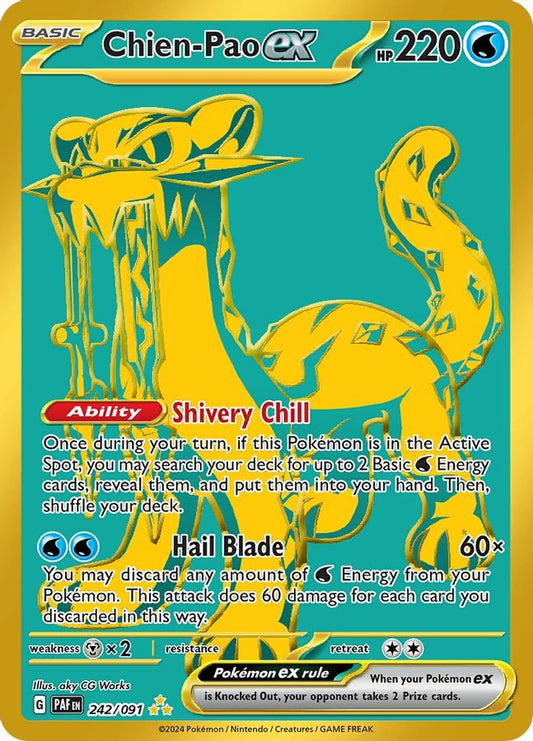 Buy Pokemon cards Australia - Chien-Pao EX 242/091 - Premium Raw Card from Monster Mart - Pokémon Card Emporium - Shop now at Monster Mart - Pokémon Cards Australia. EX, Gold, Hyper Rare, MMB20, Paldean Fates